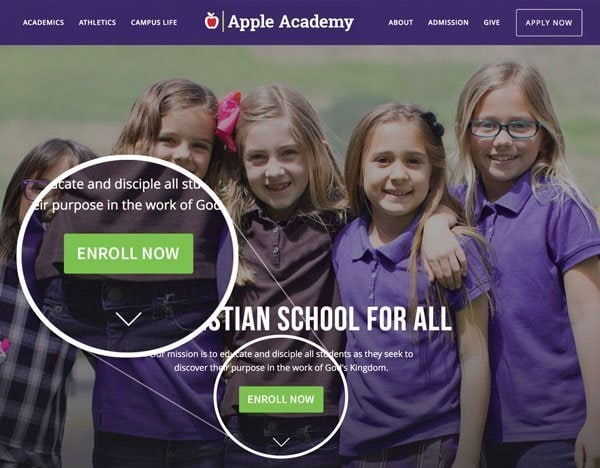 Private school admissions: Home page with a CTA button