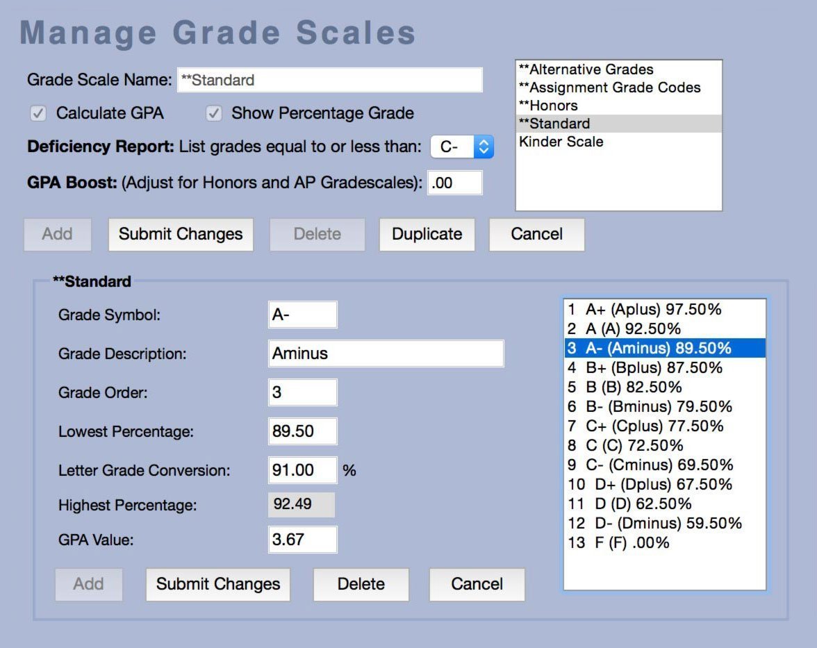 Manage Grade Scales screen