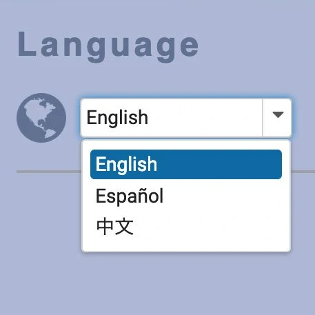 Parent portal language selection: English, Spanish, Chinese