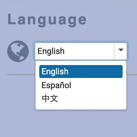StudentLanguageSelection Parent portal language selection: English, Spanish, Chinese