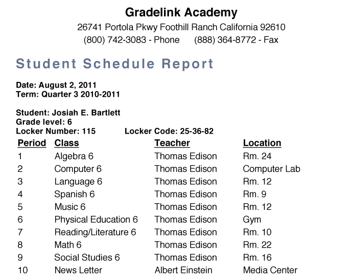 Student schedule report