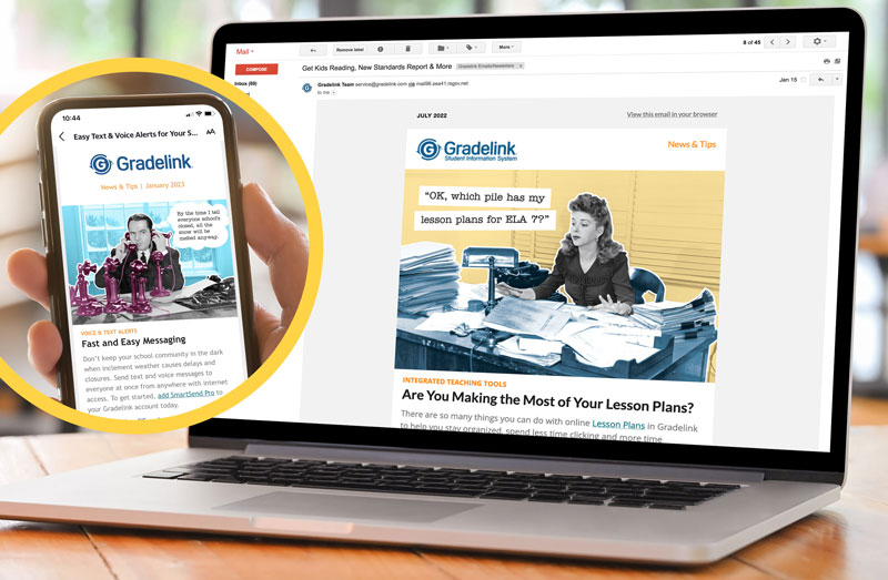 Gradelink Newsletter on phone and laptop