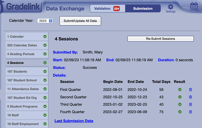 Gradelink Indiana Data Exchange Screen